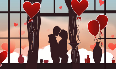 Happy Valentine's Day illustration featuring a smiling couple holding a heart, surrounded by love, romance, and celebration elements in a fun and vibrant design.Vector illustration