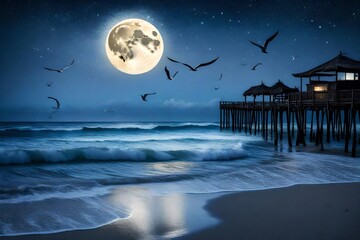 A peaceful, moonlit beach, where the silvery waves gently kiss the sandy shore. The moon casts a soft glow on the tranquil waters, creating a serene reflection. 