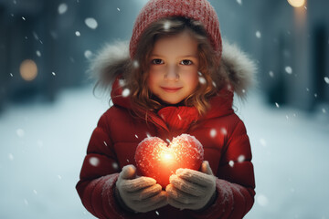 Cute girl holding a glowing red heart in a snowy. Valentine’s Day, Kindness, and Help Concept. Generative Ai.