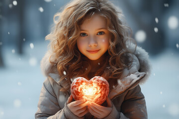 Cute girl holding a glowing red heart in a snowy. Valentine’s Day, Kindness, and Help Concept. Generative Ai.