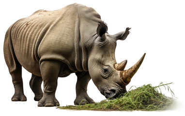 Enormous Rhinoceros Engaging in a Peaceful Vegetation Meal on a White or Clear Surface PNG Transparent Background.