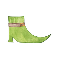 Watercolor drawing of a green shoe of a leprechaun. St.Patrick 's Day.