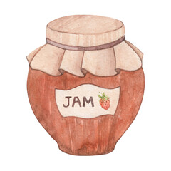 Watercolor illustration of a jar of strawberry jam. Fruit dessert. Hand drawn.