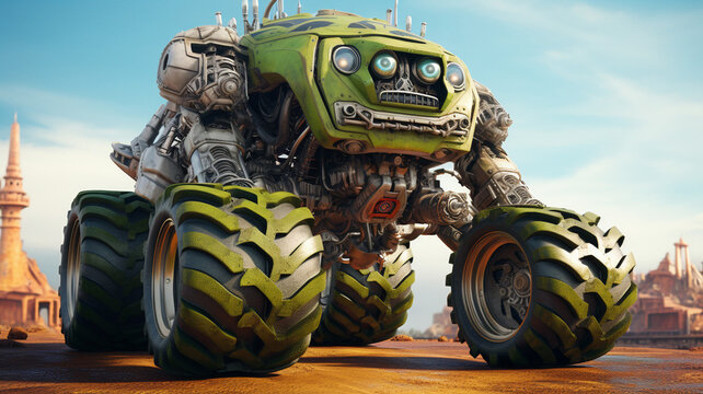 A monster truck robot with giant wheels and a roaring