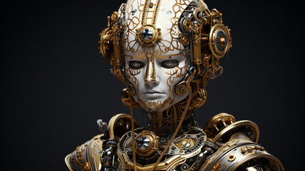 Baroque style robot with ornate gold trimmed designs futuristic