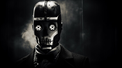 Black and white film noir style robot with dramatic cyborg