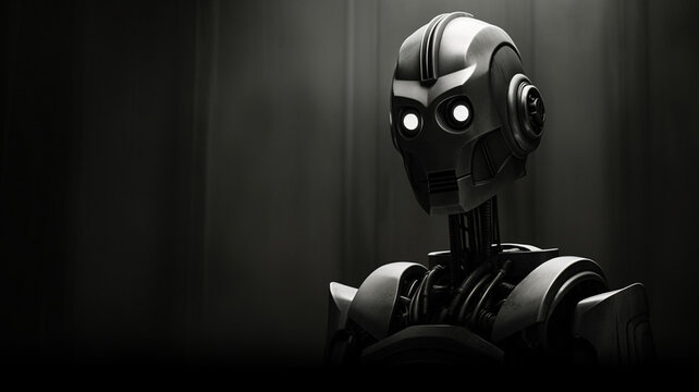 Black and white film noir style robot with dramatic future