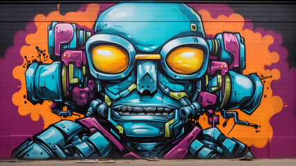 Graffiti style robot with bold spray paint colors art - obrazy, fototapety, plakaty