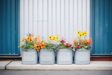 galvanized steel containers with bright flowers
