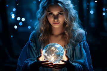 Naklejka premium Beautiful girl on a night with a magic ball. Astrology and Zodiac Concept. Generative Ai.