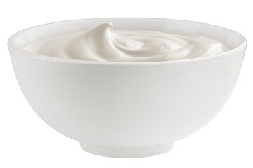 Sour Cream in bowl, mayonnaise, yogurt, isolated on white background, full depth of field