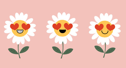 Obraz premium Happy Valentine's icon sign with daisy cartoons on pink background vector illustration.