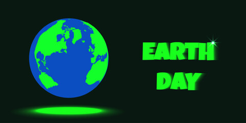 World Earth Day banner in trendy glowing retro style. Green Earth Day poster with bright Globe isolated on dark backdrop. Vector illustration can used web and social media banner. EPS 10