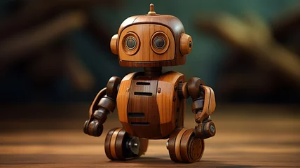 Poster Wooden toy robot with wood grain textures and carved object © BornHappy