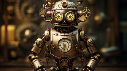 Steampunk robot with brass gears steam pipes gear