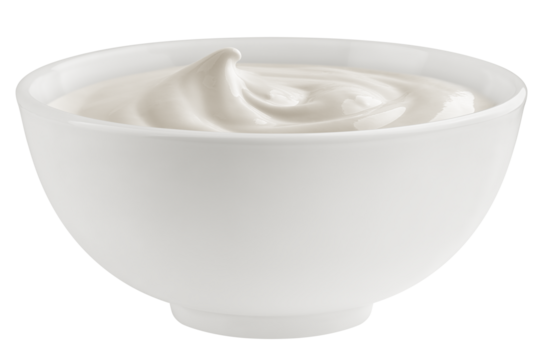 Sour Cream in bowl, mayonnaise, yogurt, isolated on white background, full depth of field