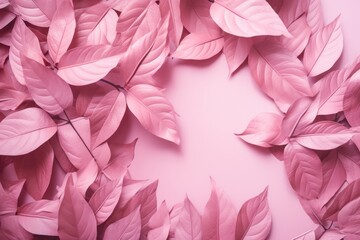  a bunch of pink leaves are arranged in a circle on a pink background with space for a text or image.