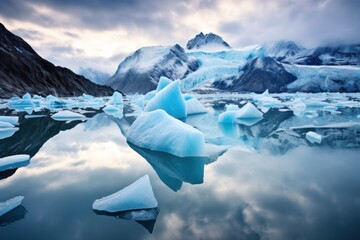  a group of icebergs floating on top of a lake in the middle of a snow covered mountain range.