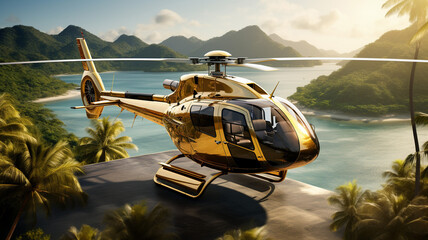 A luxurious gold trimmed private helicopter flying - obrazy, fototapety, plakaty