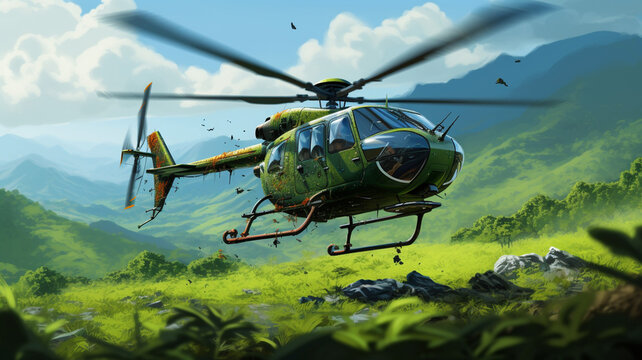 A jade green ecofriendly helicopter planting seeds environment