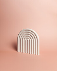 White arch on pink background. Geometric abstract shape composition for cosmetic product presentation.