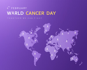 World Cancer Day, February 4. Purple ribbon, Health care concept. Cancer Awareness icon design for poster and banner. Vector illustration.
