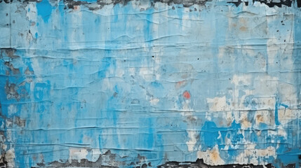 Torn black and azure blue posters glued on billboard with old dirty peeling paper. Abstract and creative background of ripped magazine paper.