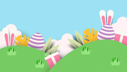Colorful colourful vector gradient happy easter day background with egg and flower. Vector easter illustration flyer template