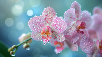 Pink orchid flowers with drops of moisture on a blue background close up