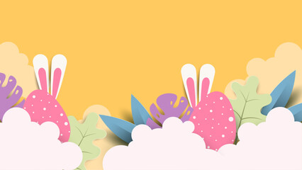 Colorful colourful vector happy easter background. Greeting card, poster or background with bunny, flowers and easter egg. Egg hunt poster. Vector easter illustration flyer template