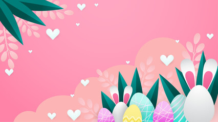 Colorful colourful vector happy easter background. Greeting card, poster or background with bunny, flowers and easter egg. Egg hunt poster. Vector easter illustration flyer template