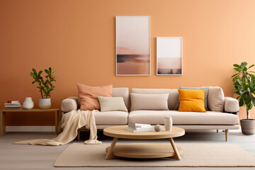 Cozy, modern living room with walls painted in a consistent peach fuzz color