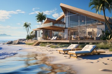 Beachfront Vacation House Design, on an isolated Sandy Beige background, Generative AI