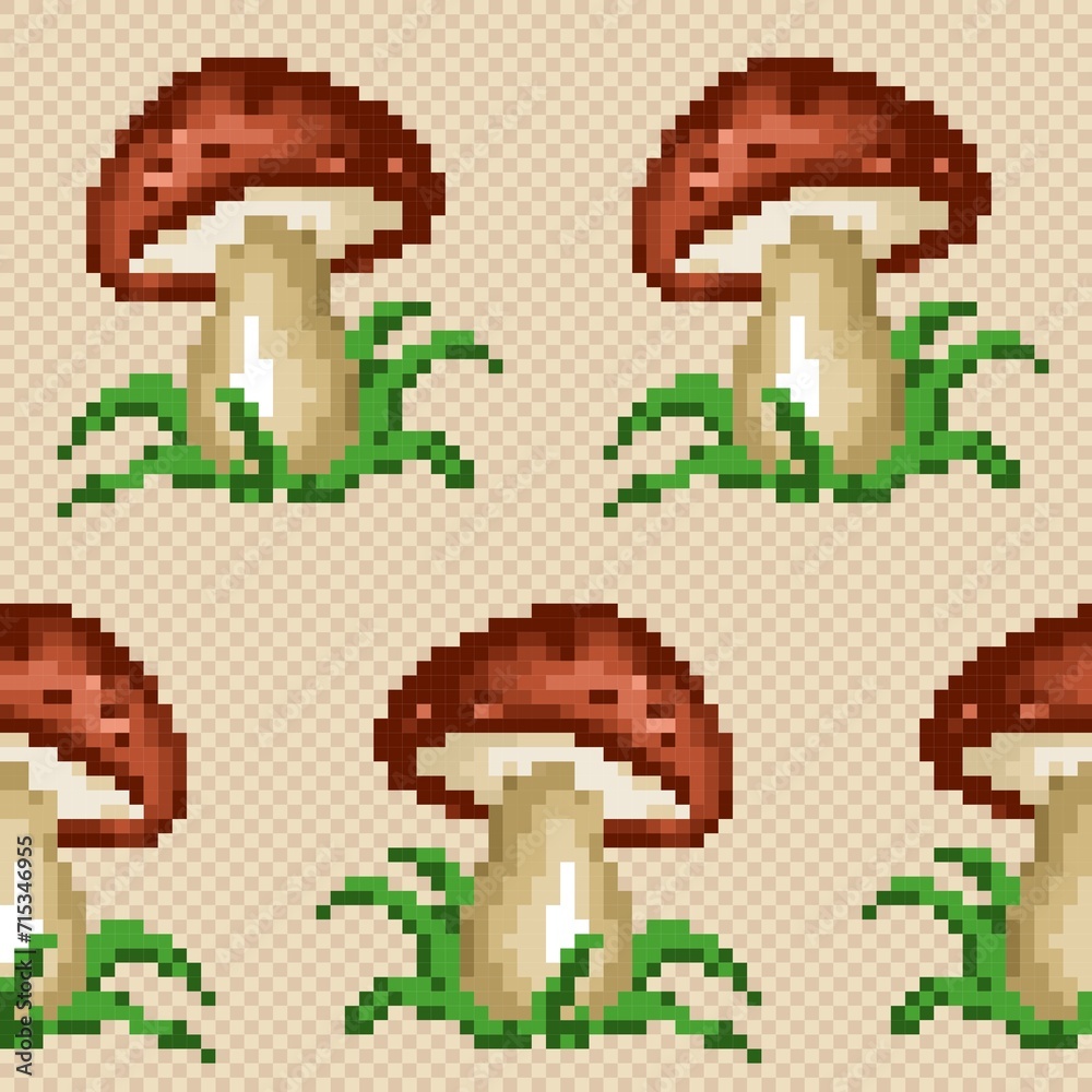 Wall mural a pixel seamless background with forest mushroom.