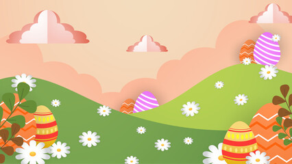 Colorful colourful vector happy easter day in paper style with egg and flower. Vector easter illustration flyer template