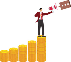 Speech about money, Businessman giving speech on pile of coins