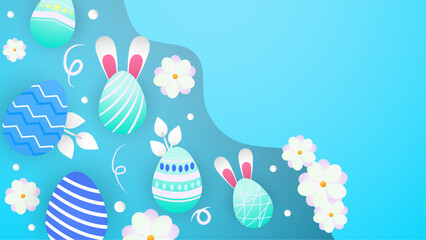 Blue green and white vector gradient happy easter day background with egg and flower. Vector easter illustration flyer template