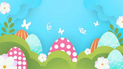 Fototapeta na wymiar Colorful colourful vector gradient happy easter day background with decorative eggs. Vector easter illustration flyer template