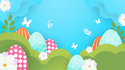 Fototapeta na wymiar Colorful colourful vector gradient background for easter celebration with egg and flower. Vector easter illustration flyer template