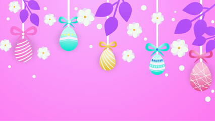 Colorful colourful vector gradient happy easter day background with egg and flower. Vector easter illustration flyer template