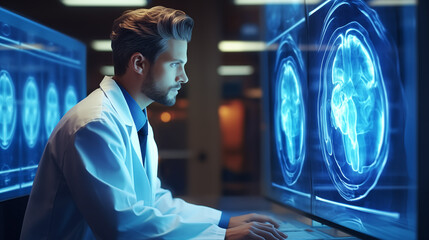 A Doctor looking at x ray film in a hospital. Cancer Concept. Generative Ai.