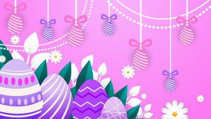 Colorful colourful vector happy easter day in paper style with egg and flower. Vector easter illustration flyer template