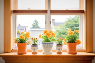window sill adorned with terracotta planters and flowers