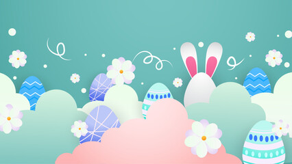 Colorful colourful vector gradient background for easter celebration with egg and flower. Vector easter illustration flyer template