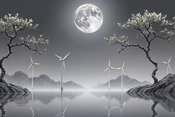 Wind turbines in the landscape with full moon. 3D illustration.