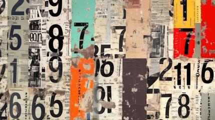 Collage of many numbers and letters ripped torn advertisement street posters grunge creased crumpled paper texture background placard backdrop surface 