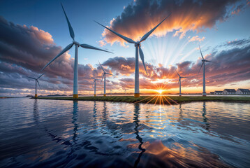An image of windturbines on a lake at sunset.