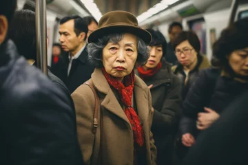 Foto op Canvas  Photograph of a Japanese woman in her 60s showing an expression of deep disgust in a crowded subway © Hanna Haradzetska