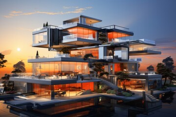 Fototapeta premium Contemporary Urban Dwelling Sketch, on an isolated Sunset Orange background, Generative AI