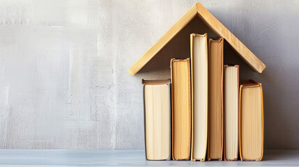 Visualize a modern and brightly lit setting where 5-6 books are arranged to form a stylized house with a roof. 